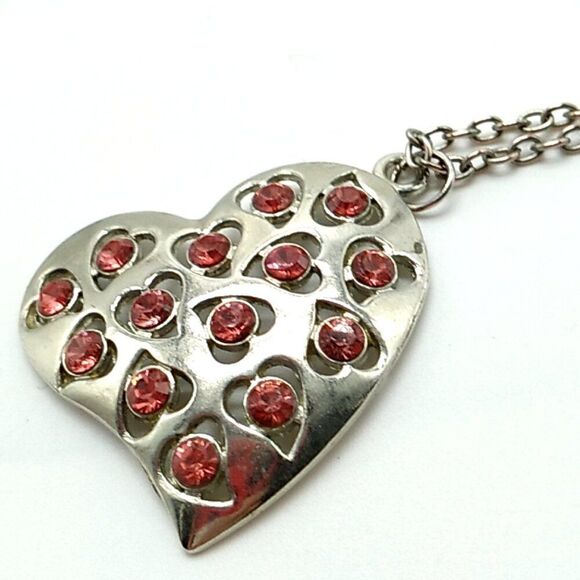 Silver-tone Heart Necklace Red Rhinestones - Picture 1 of 15